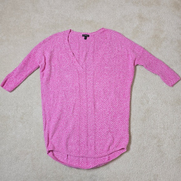 EXPRESS Pink Marled Deep V Neck Sweater Tunic Top 1/2 Sleeve Women's Size M - Picture 3 of 6